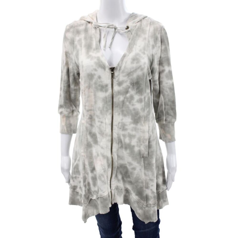 XCVI Women Full Zip Hoodie Gray Cotton V-Neck 3/4 Sleeve Drawstring Boho Size M